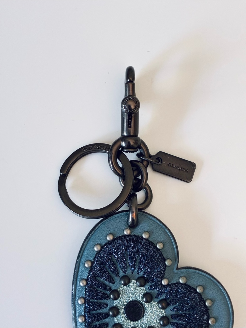 Coach Embroidered Glitter Heart Bag Charm Key Chain With Rivets, Blue / Gunmetal - Picture 6 of 16
